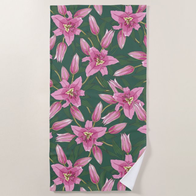 Blooming Lilies in Deep Green Beach Towel (Front)