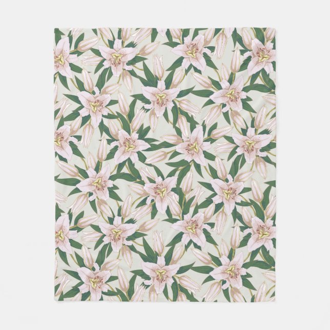 Blooming Lilies in Ivory Green Fleece Blanket (Front)