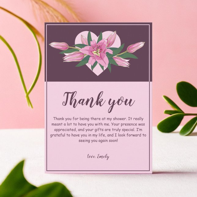 Blooming Lily Sweet Heart Baby Shower/ Birthday Thank You Card (Blooming Lily Sweet Heart Baby Shower/ Birthday Thank You Card)