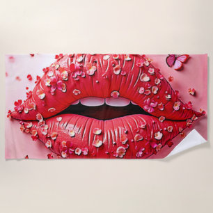 Blooming Lips: Floral Butterfly Kiss Beach Towel