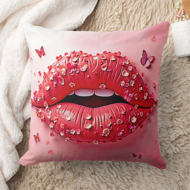 Blooming Lips: Floral Butterfly Kiss Cushion (Blanket)