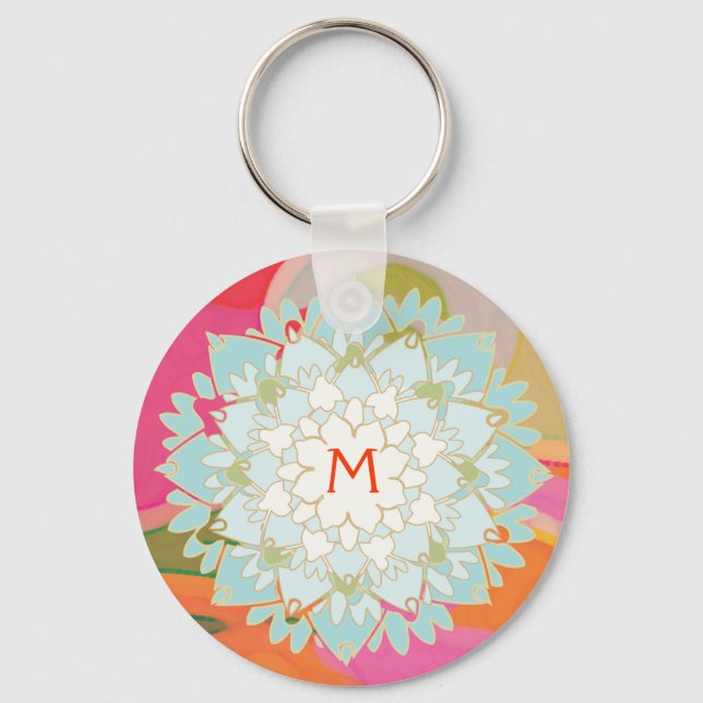Blooming  Lotus Flower Monogrammed Keychain (Front)