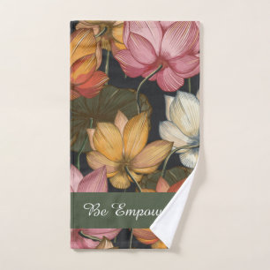 Blooming Lotus Water Lilies on Black Exercise Hand Towel