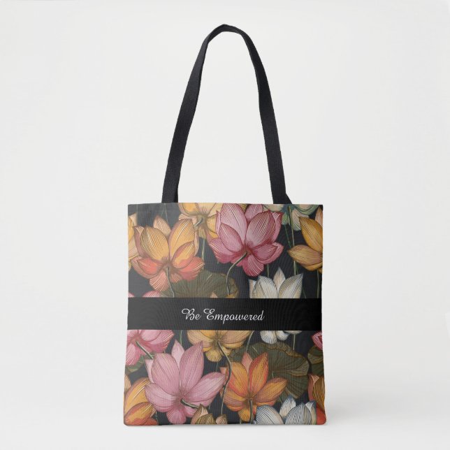 Blooming Lotus Water Lilies on Charcoal Black Tote (Front)