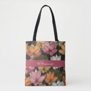 Blooming Lotus Water Lilies on Charcoal Black Tote Bag