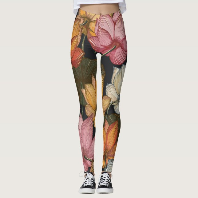 Blooming Lotus Water Lilies Pink Yellow on Black Leggings (Front)