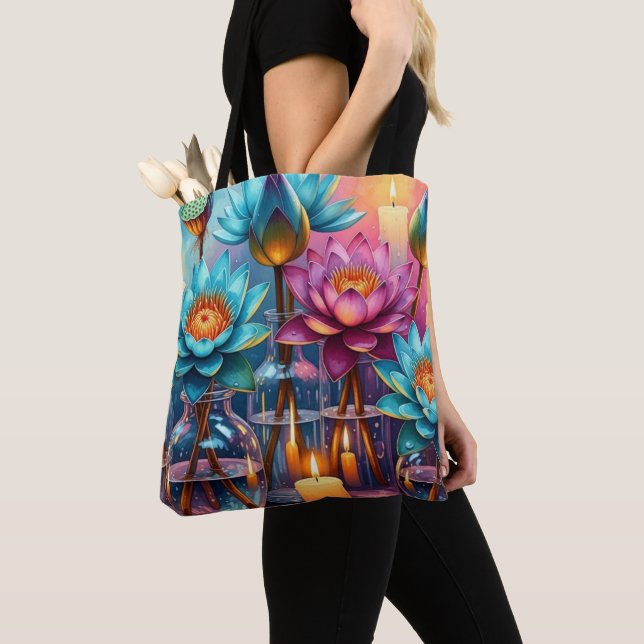 Blooming Lotus Watercolor Tote Bag – Vibrant Artis (Close Up)
