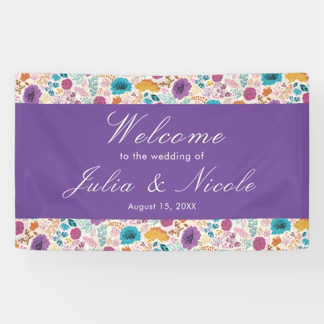 Blooming Love Floral Romantic Pink Purple Wedding Banner (Horizontal)