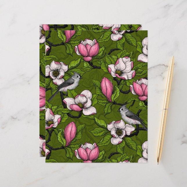 Blooming magnolia and titmouse bird 2 (Front/Back In Situ)