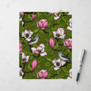 Blooming magnolia and titmouse bird 2