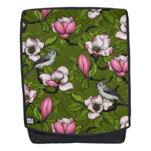 Blooming magnolia and titmouse bird 2 backpack