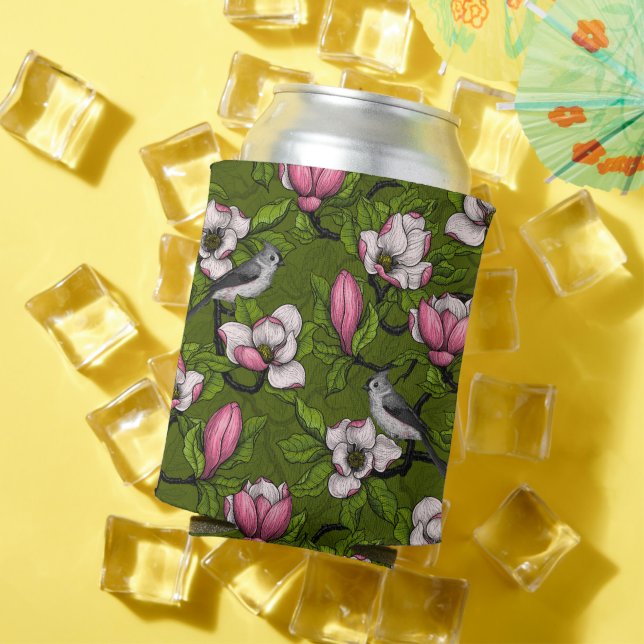 Blooming magnolia and titmouse bird 2 can cooler (In Situ Summer)