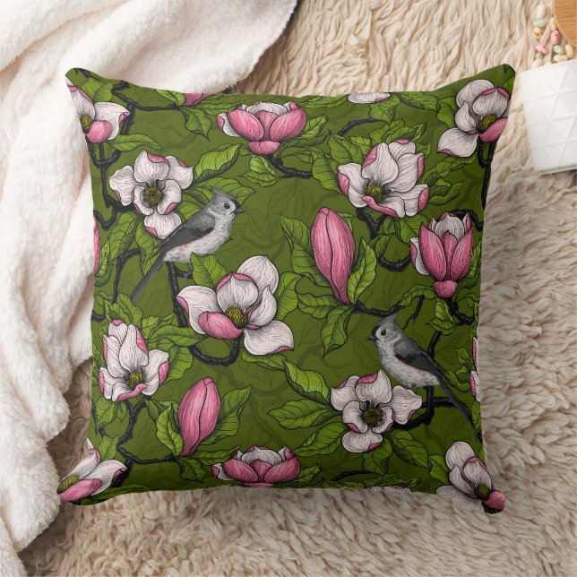 Blooming magnolia and titmouse bird 2 cushion (Blanket)