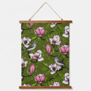 Blooming magnolia and titmouse bird 2 hanging tapestry