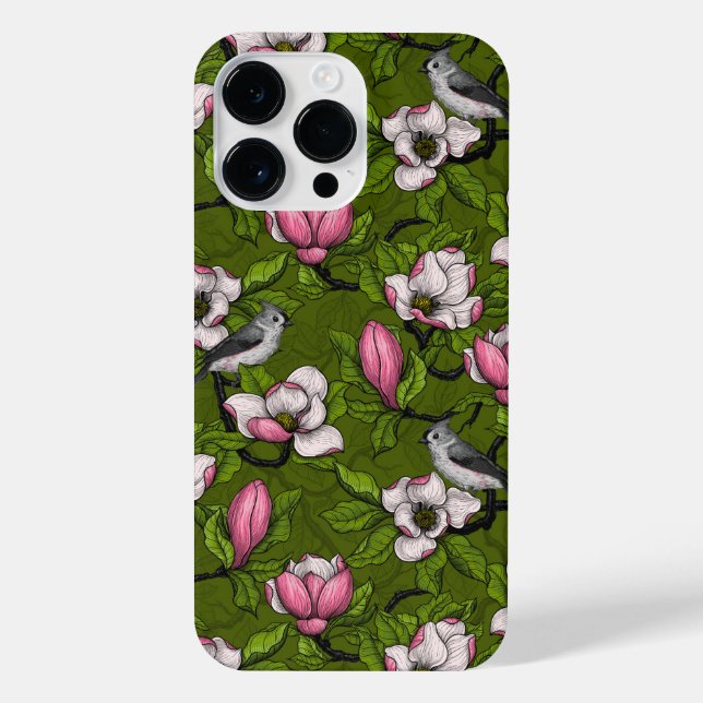 Blooming magnolia and titmouse bird 2 iPhone case (Back)