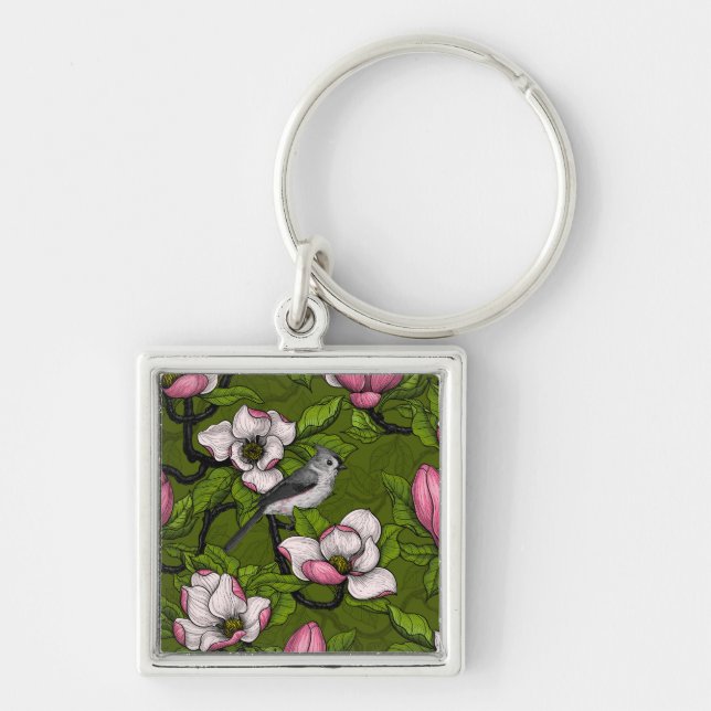 Blooming magnolia and titmouse bird 2 key ring (Front)