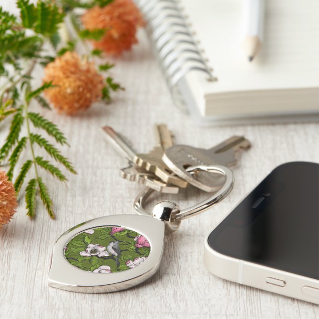 Blooming magnolia and titmouse bird 2 key ring (Side)