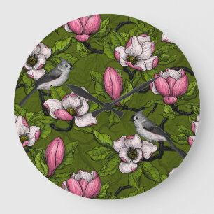 Blooming magnolia and titmouse bird 2 large clock