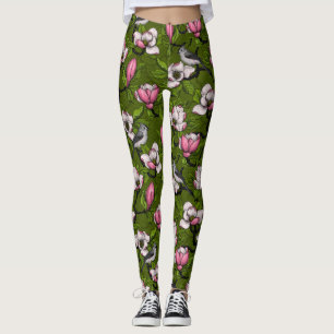 Blooming magnolia and titmouse bird 2 leggings