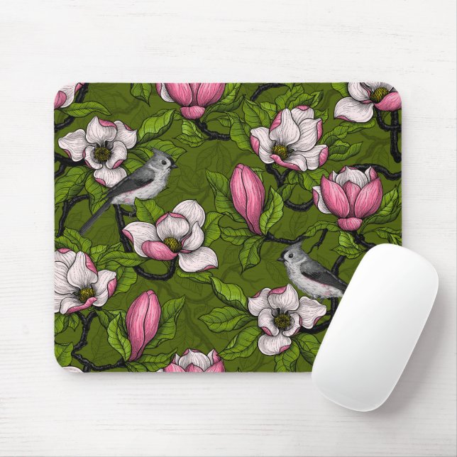 Blooming magnolia and titmouse bird 2 mouse mat (With Mouse)