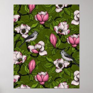 Blooming magnolia and titmouse bird 2 poster