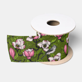 Blooming magnolia and titmouse bird 2 satin ribbon