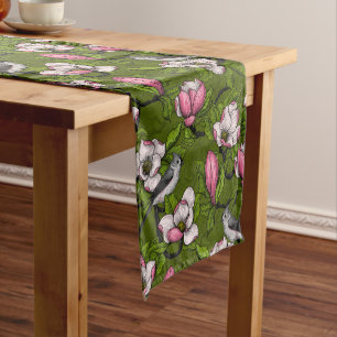 Blooming magnolia and titmouse bird 2 short table runner