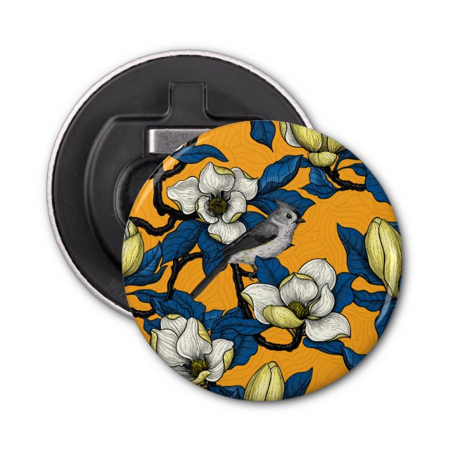 Blooming magnolia and titmouse bird 3 bottle opener (Front)