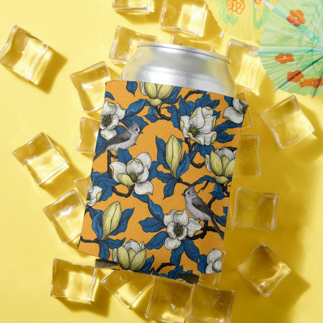 Blooming magnolia and titmouse bird 3 can cooler (In Situ Summer)