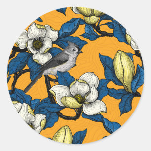 Blooming magnolia and titmouse bird 3 classic round sticker
