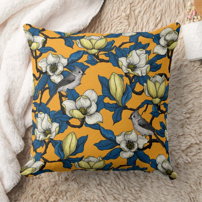 Blooming magnolia and titmouse bird 3 cushion (Blanket)