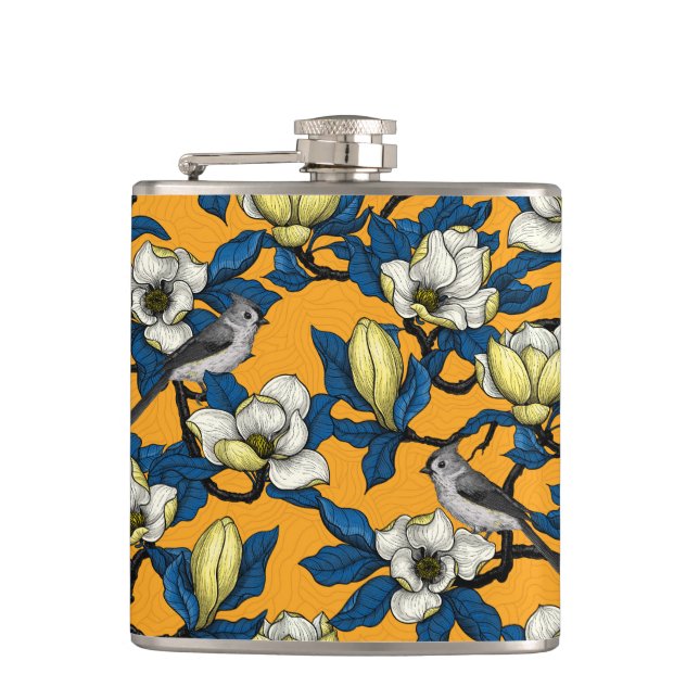 Blooming magnolia and titmouse bird 3 hip flask (Front)