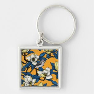 Blooming magnolia and titmouse bird 3 key ring
