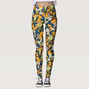 Blooming magnolia and titmouse bird 3 leggings