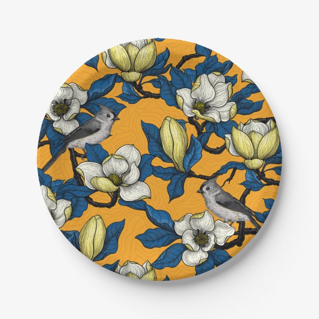 Blooming magnolia and titmouse bird 3 paper plate (Front)