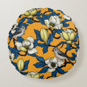 Blooming magnolia and titmouse bird 3 round cushion