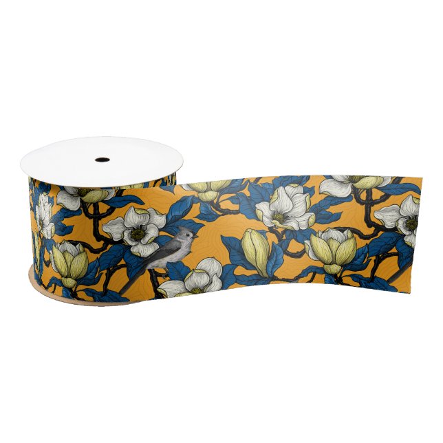 Blooming magnolia and titmouse bird 3 satin ribbon (Spool)
