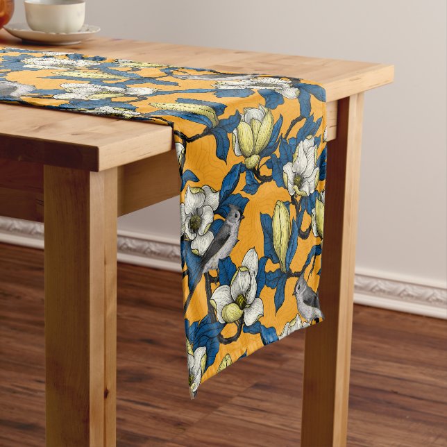 Blooming magnolia and titmouse bird 3 short table runner (In Situ)