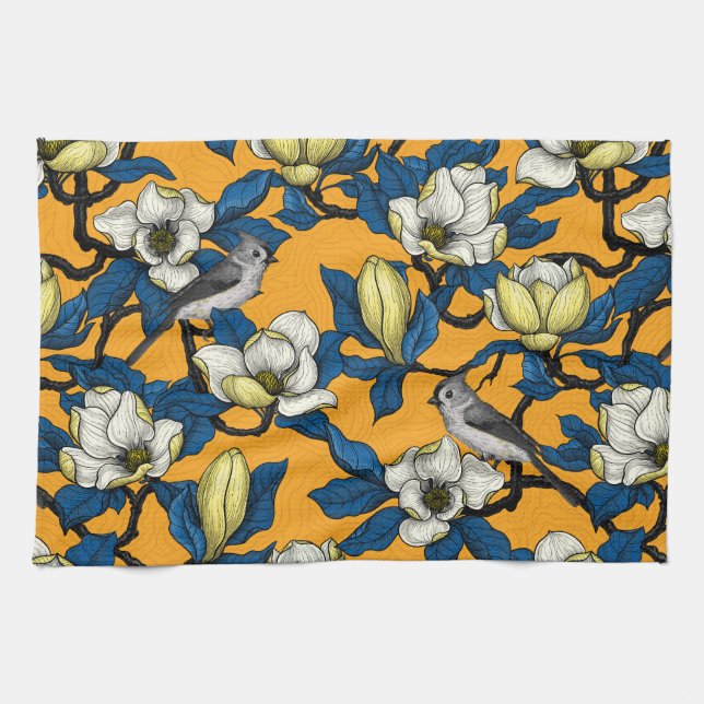 Blooming magnolia and titmouse bird 3 tea towel (Horizontal)