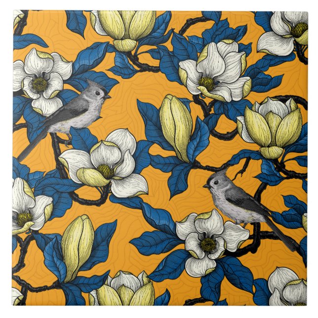 Blooming magnolia and titmouse bird 3 tile (Front)