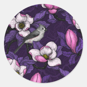 Blooming magnolia and titmouse bird 4 classic round sticker