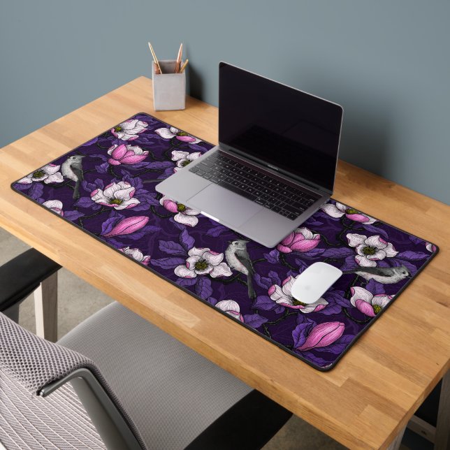 Blooming magnolia and titmouse bird 4 desk mat (Office 2)