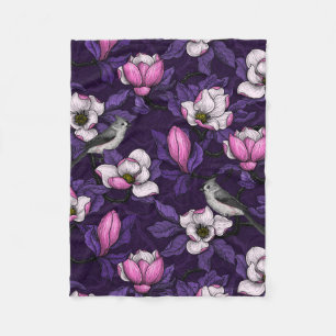 Blooming magnolia and titmouse bird 4 fleece blanket