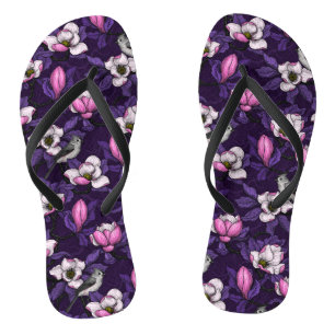 Blooming magnolia and titmouse bird 4 flip flops