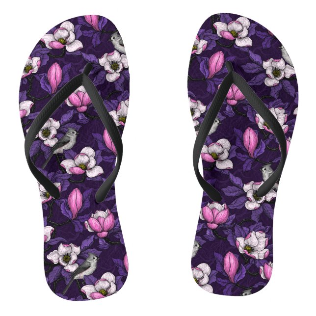 Blooming magnolia and titmouse bird 4 flip flops (Footbed)