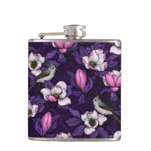 Blooming magnolia and titmouse bird 4 hip flask