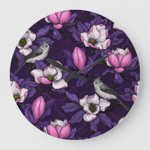 Blooming magnolia and titmouse bird 4 large clock