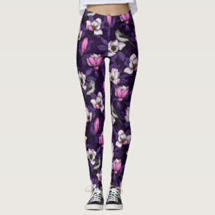 Blooming magnolia and titmouse bird 4 leggings