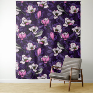 Blooming magnolia and titmouse bird 4 tapestry