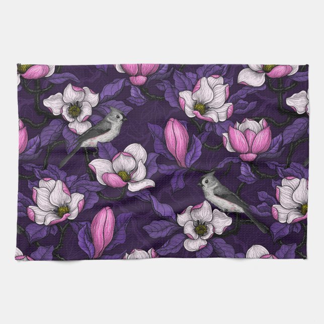 Blooming magnolia and titmouse bird 4 tea towel (Horizontal)